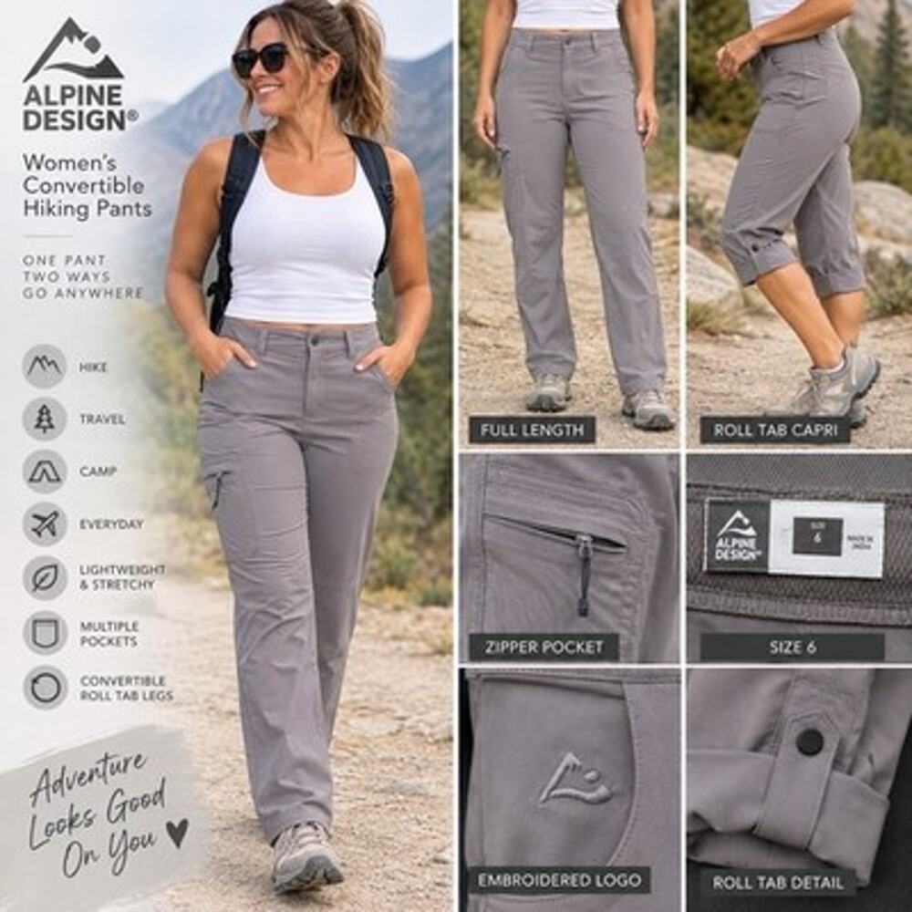 Alpine Design Womens Size 6 Gray Convertible Hiking Pants Stretch Roll Tab Cargo